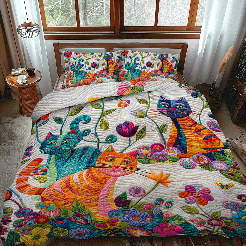 Floral Colorful Cats 3-Piece Quilted Bedding Set NCU0PD326