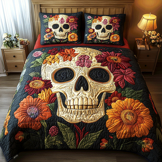 Floral Skull Charm 3-Piece Quilted Bedding Set NCU0TL1912